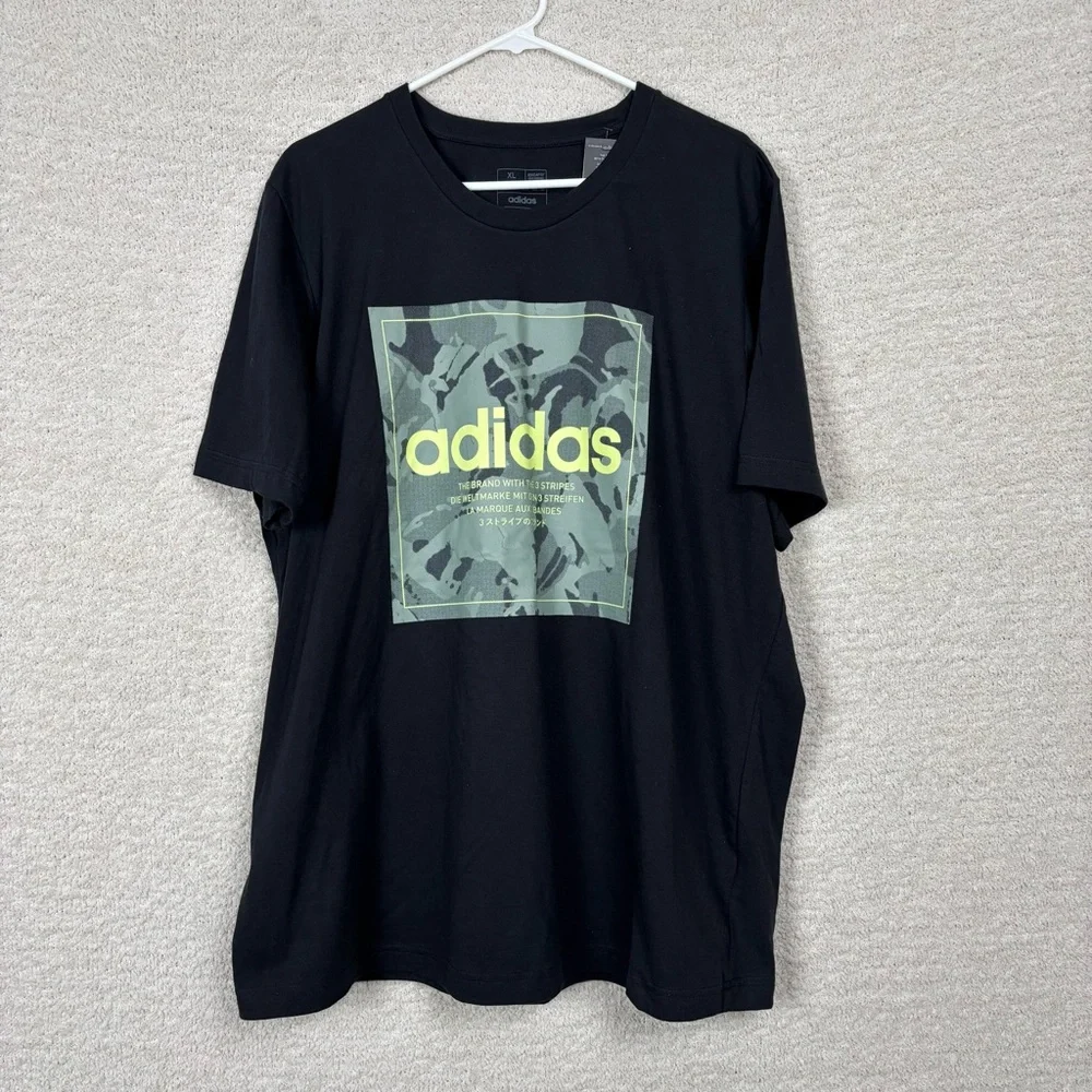 Adidas Shirt Mens XL Black Linear Box Green Camo Logo Crew Neck Short Sleeve Tee